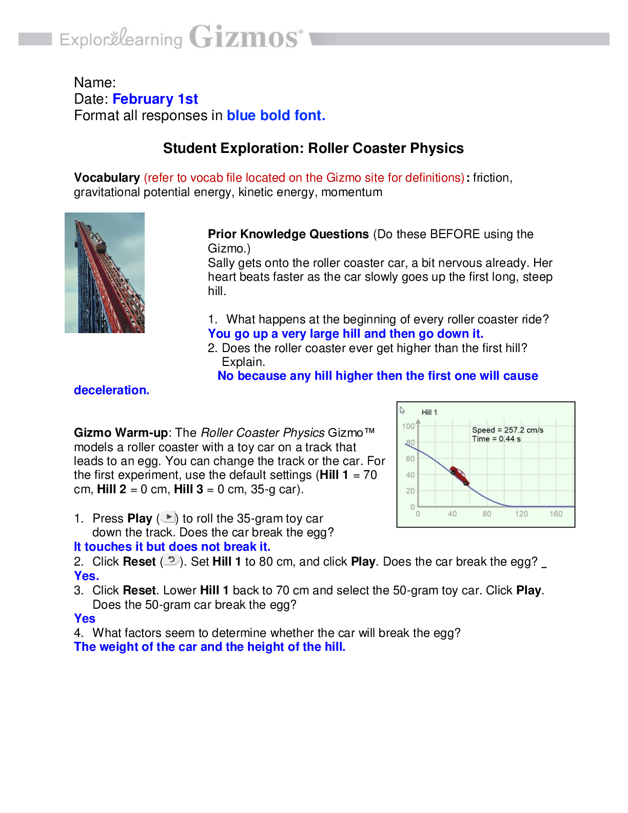 Student Exploration: Roller Coaster Physics